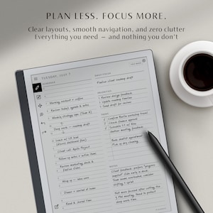 May include: A digital planner with a stylus and a cup of coffee. The planner displays a detailed schedule for Tuesday, July 7, with sections for schedule, daily focus, priorities, tasks, and notes. The text "PLAN LESS. FOCUS MORE." is at the top.