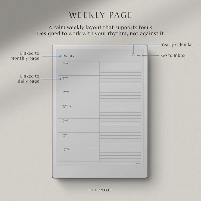 weekly planner template for reMarkable Paper Pro, 2027 hyperlinked minimalist digital planner