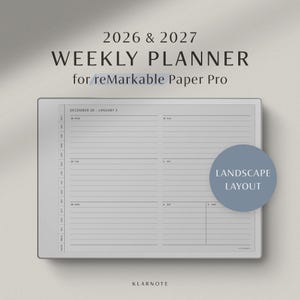 Puede incluir: Planificador semanal digital para reMarkable Paper Pro, con diseño horizontal. El planificador está fechado para 2026 y 2027, con un diseño para el 28 de diciembre - 3 de enero. Diseño minimalista con esquema de color gris claro.