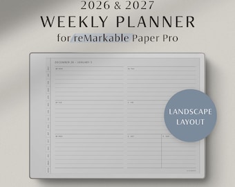 reMarkable Paper Pro Weekly Planner 2026 2027, Monthly Calendar, Landscape (Horizontal) Minimalist Hyperlinked Template