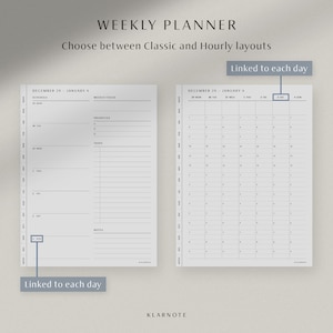 May include: A minimalist weekly planner with two layout options: Classic and Hourly. The left page features a schedule, priorities, and tasks section. The right page displays an hourly schedule. Text includes "WEEKLY PLANNER" and "Choose between Classic and Hourly layouts."