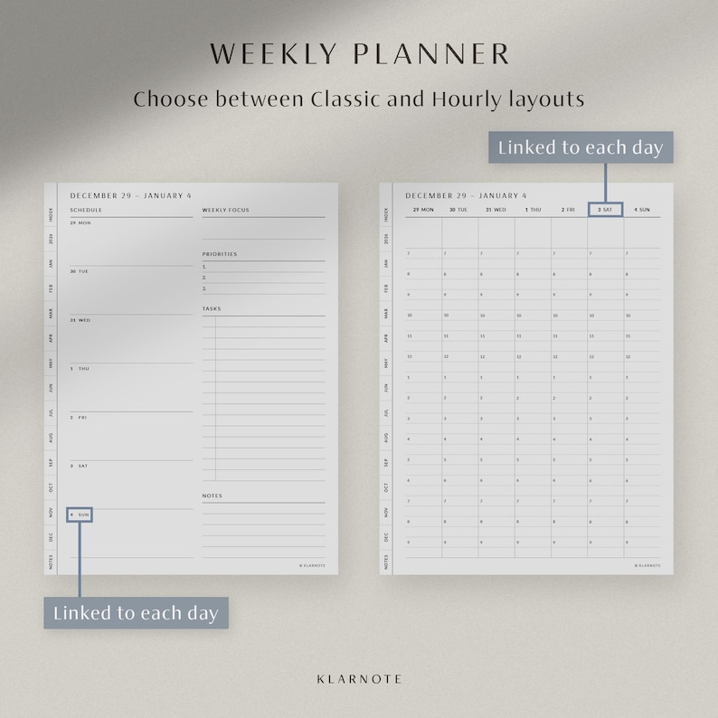 May include: A minimalist weekly planner with two layout options: Classic and Hourly. The left page features a schedule, priorities, and tasks section. The right page displays an hourly schedule. Text includes "WEEKLY PLANNER" and "Choose between Classic and Hourly layouts."