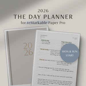 Könnte beinhalten: Ein digitaler Tagesplaner für reMarkable Paper Pro, mit dem Jahr 2026. Der Planer ist auf einer Seite mit handschriftlichen Notizen geöffnet und hat einen blauen Kreis mit der Aufschrift "MON & SUN START". Das Cover ist hellgrau.