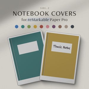 Op de afbeelding: Twee notitieboekhoezen voor reMarkable Paper Pro. Eén is blauwgroen met een wit label, de andere is mosterdgeel met "Thesis Notes" op een wit label. De tekst "NOTEBOOK COVERS" en "VOL. 2" staat bovenaan.