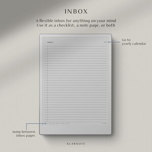 May include: A digital planner page titled INBOX with horizontal lines for notes or checklists. The interface includes a top right link to a yearly calendar and a bottom row of numbers 1 through 10 to jump between inbox pages. The brand name KLARNOTE is at the bottom.