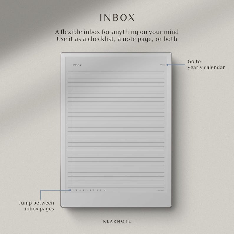 May include: A digital planner page titled INBOX with horizontal lines for notes or checklists. The interface includes a top right link to a yearly calendar and a bottom row of numbers 1 through 10 to jump between inbox pages. The brand name KLARNOTE is at the bottom.