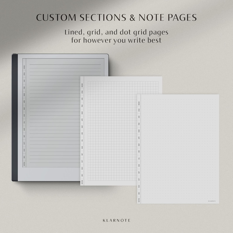 May include: A digital notebook with lined, grid, and dot grid pages. The notebook is shown with three different page styles: lined, grid, and dot grid. The text "CUSTOM SECTIONS & NOTE PAGES" and "Lined, grid, and dot grid pages for however you write best" are displayed.