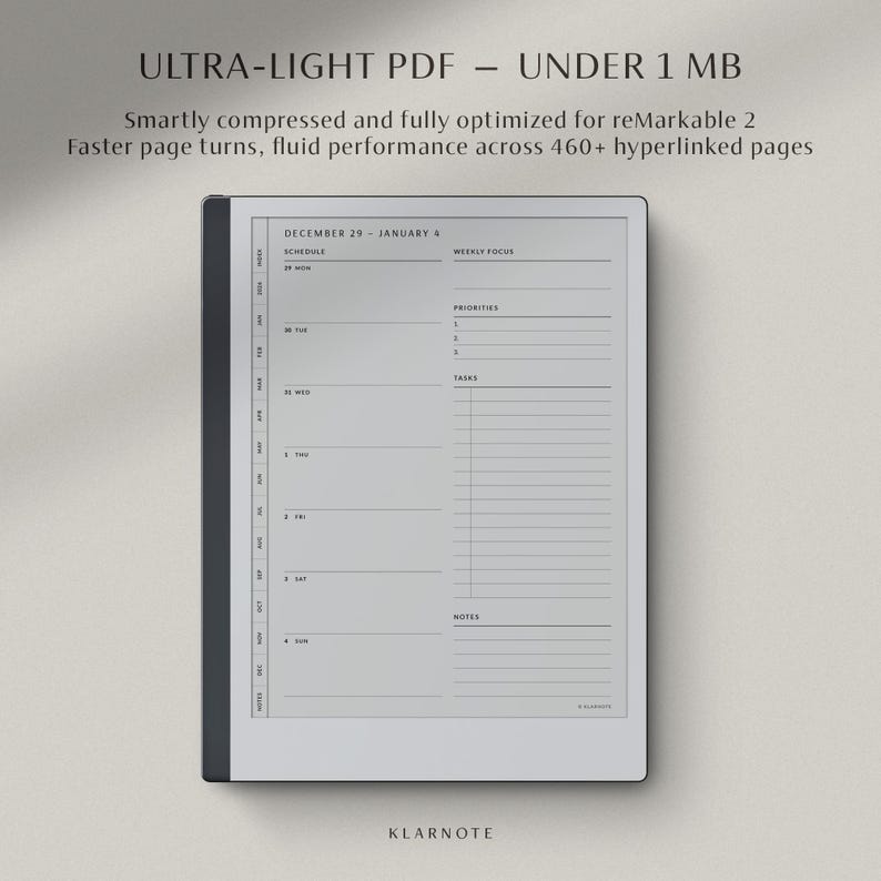 May include: A digital planner displayed on a tablet. The screen shows a weekly schedule layout with sections for priorities, tasks, and notes. Text at the top reads "ULTRA-LIGHT PDF - UNDER 1 MB". The planner is designed for the reMarkable 2.