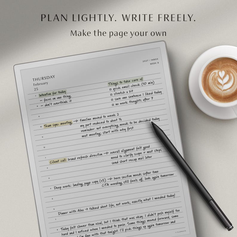minimalist 2027 digital planner displayed on reMarkable Paper Pro, daily planning layout
