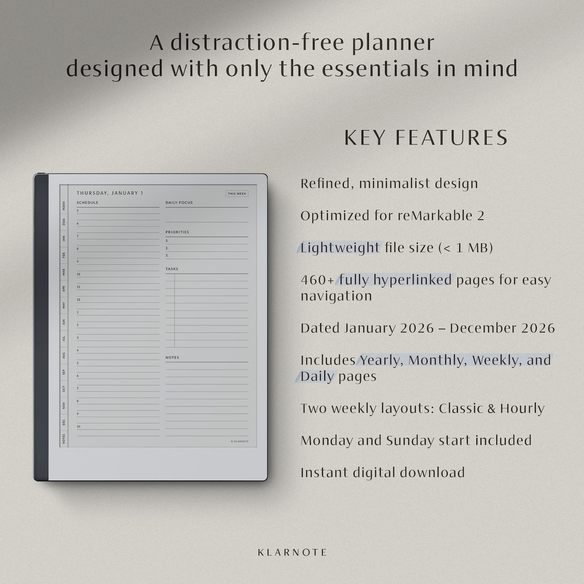 Remarkable 2 2026 Planner, Digital Daily & Weekly Planner With Monthly ...