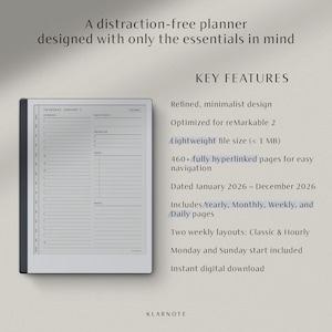 May include: A digital planner for reMarkable 2, featuring a minimalist design. The image shows a tablet with a daily schedule layout, with the text "A distraction-free planner designed with only the essentials in mind."