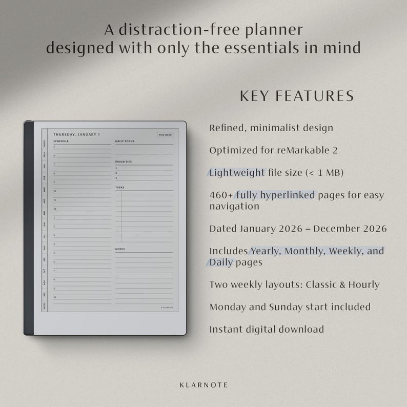 May include: A digital planner for reMarkable 2, featuring a minimalist design. The image shows a tablet with a daily schedule layout, with the text "A distraction-free planner designed with only the essentials in mind."