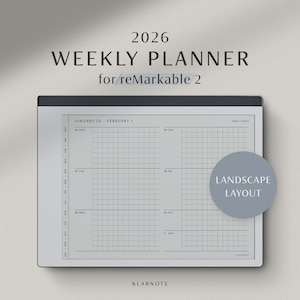 Può includere: Un planner settimanale digitale per reMarkable 2, con layout orizzontale. Il planner mostra un layout a griglia con date dal 26 gennaio al 1 febbraio 2026. Il testo "WEEKLY PLANNER" e "LANDSCAPE LAYOUT" sono visibili.