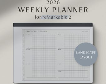 reMarkable 2 2026 Weekly Planner, Landscape (Horizontal) Minimalist Hyperlinked Template with Monthly Calendar