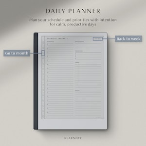 May include: A digital daily planner with the text "DAILY PLANNER" at the top. The planner displays a schedule, priorities, and tasks sections. The text "Plan your schedule and priorities with intention for calm, productive days" is also visible. The planner has a "Go to month" and "Back to week" button.