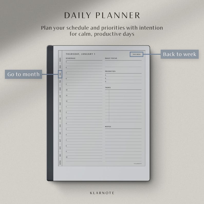 May include: A digital daily planner with the text "DAILY PLANNER" at the top. The planner displays a schedule, priorities, and tasks sections. The text "Plan your schedule and priorities with intention for calm, productive days" is also visible. The planner has a "Go to month" and "Back to week" button.