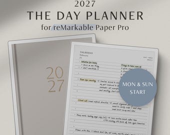 Op de afbeelding: Een digitale dagplanner 2027 voor reMarkable Paper Pro met een omslag met het jaartal 2027 en een open pagina met een dagschema voor donderdag 25 februari, handgeschreven notities en een blauwe cirkelvormige badge met MON & SUN START.