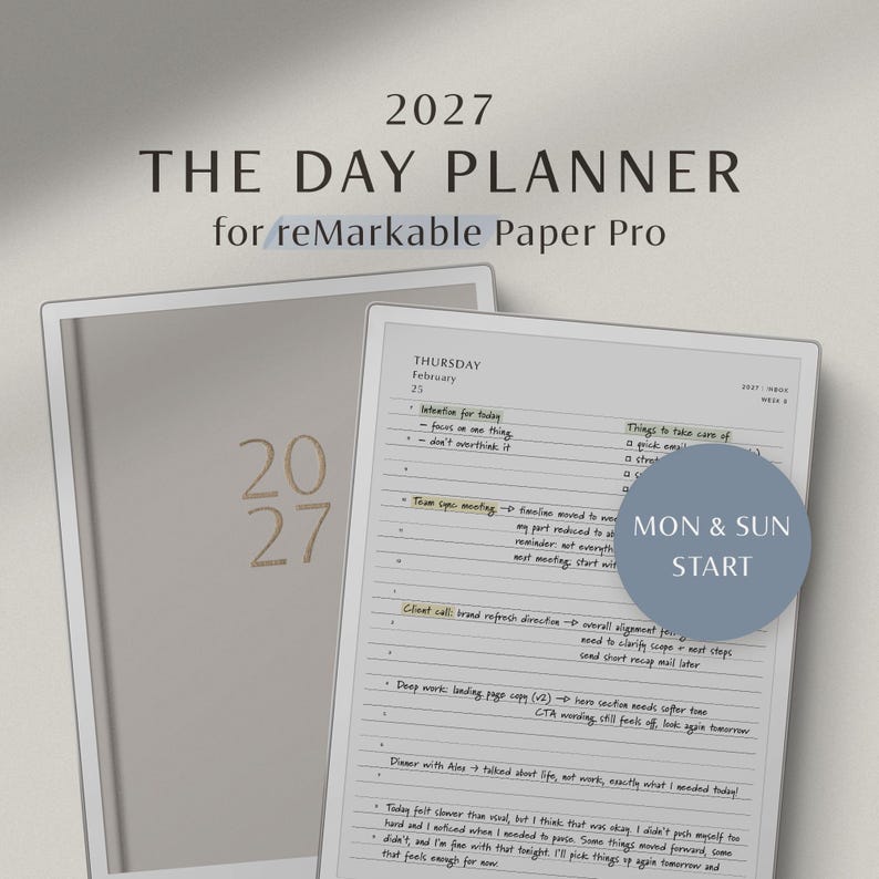 reMarkable Paper Pro 2027 Daily & Weekly Planner with Monthly Calendar, minimalist hyperlinked digital planner template