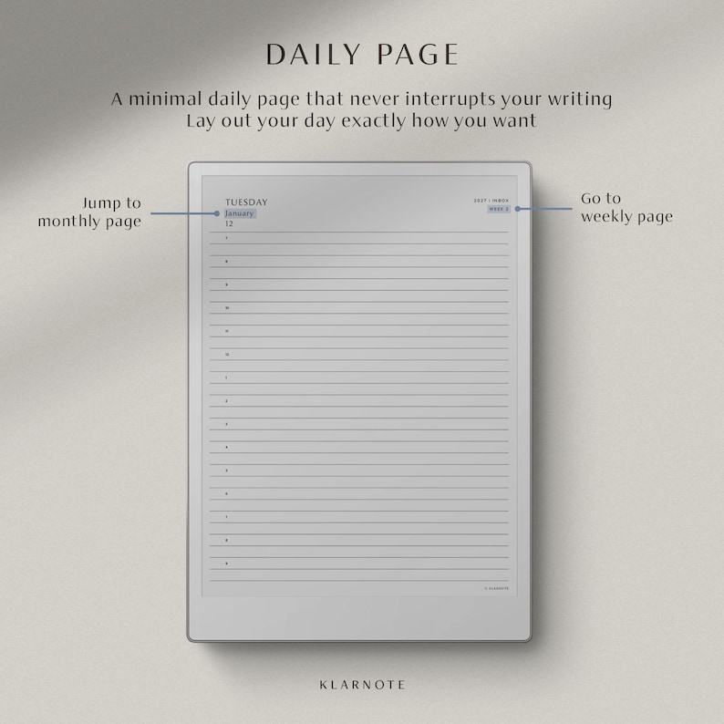 2027 daily planner page for reMarkable Paper Pro, minimalist digital planner with clean layout