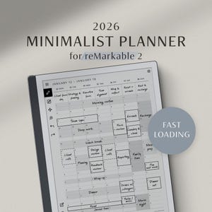 May include: A minimalist planner for reMarkable 2, dated 2026. The digital planner displays a weekly schedule with sections for tasks, appointments, and notes. A gray circle with the text "FAST LOADING" is on the right.