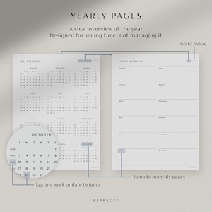 May include: A digital 2027 calendar planner layout featuring two pages: a yearly calendar view with months from January to December and a yearly overview page with lined sections. Includes interactive navigation elements like Go to Inbox and Jump to monthly pages.