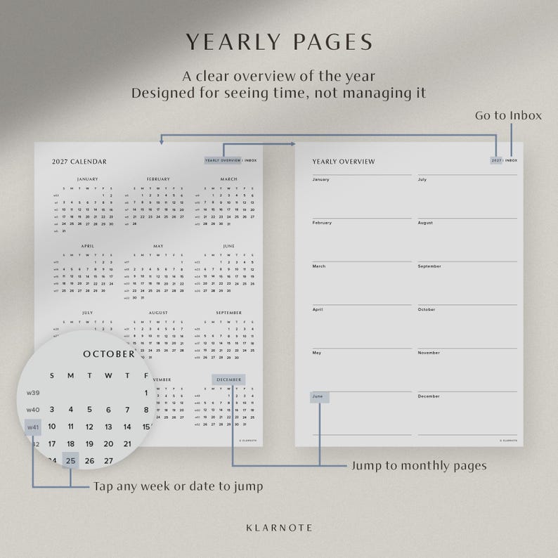May include: A digital 2027 calendar planner layout featuring two pages: a yearly calendar view with months from January to December and a yearly overview page with lined sections. Includes interactive navigation elements like Go to Inbox and Jump to monthly pages.