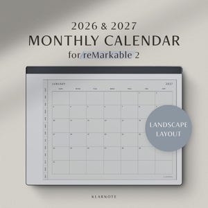 May include: A digital monthly calendar for 2026 and 2027, designed for reMarkable 2. The calendar features a landscape layout with a grid for each day of the month. The word "January" is visible, along with the year 2027.