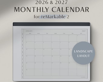 reMarkable 2 Calendar, 2026 2027 Monthly Planner, Minimalist Hyperlinked Template, Monday & Sunday Start, Landscape