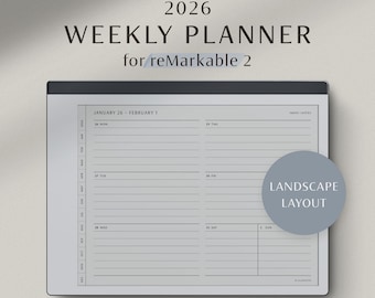 reMarkable 2 Weekly Planner 2026, Landscape (Horizontal) Minimalist Hyperlinked Template with Monthly Calendar