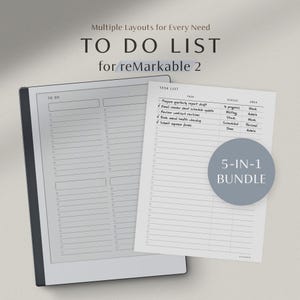May include: A digital planner bundle for reMarkable 2 tablets. The image shows a tablet with a "TO DO" list and a separate "TASK LIST" page. The bundle includes multiple layouts, as indicated by the "5-IN-1 BUNDLE" text.