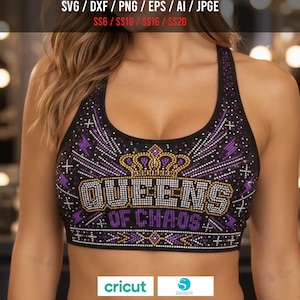 May include: A black racerback sports bra featuring a rhinestone design with the text "QUEENS OF CHAOS" in gold and white, accented by purple and white crystal patterns. The design includes a crown graphic above the text and geometric borders.