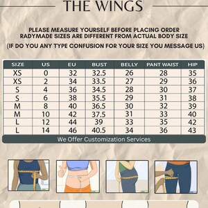 May include: A size chart from "The Wings" with measurements in inches and centimeters. The chart includes sizes XS to L, with corresponding US and EU sizes, bust, belly, pant waist, and hip measurements. Illustrations of low, mid, and high-rise jeans are also included.