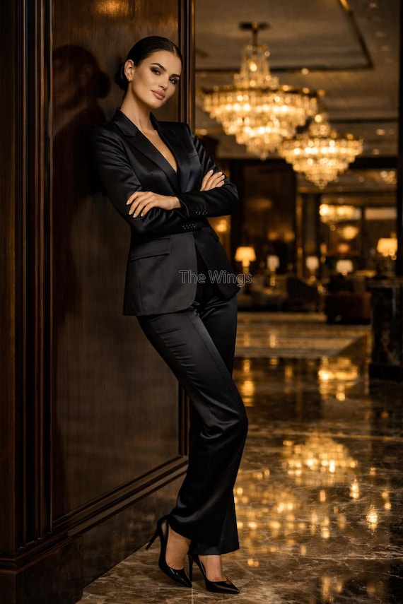 Women’s Black Satin Power Suit – Tailored Two-Piece Blazer Pants Tuxedo Set