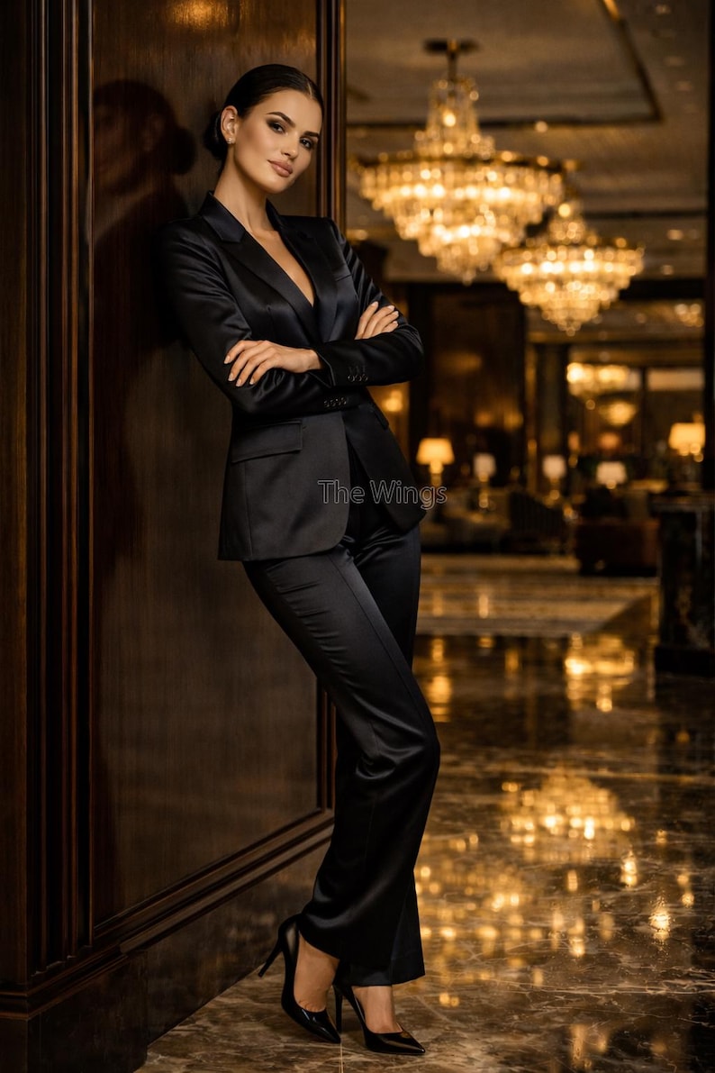 May include: A black satin suit with a tailored blazer and matching trousers. The suit is worn with black high heels. The text "The Wings" is visible on the jacket. The background features a luxurious interior with chandeliers.