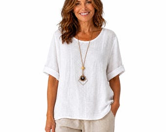 100% Cotton Tunic Top – Loose Fit, Roll Sleeve Summer Blouse UK 8–16