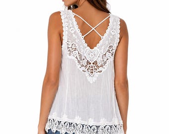 Women’s Boho Cotton Lace Cami Top – V Neck Crochet Hem Criss Cross Back Tank