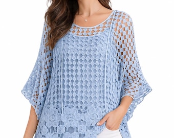 Italian Crochet Lace Cover-Up Tunic | Resort Boho Summer Top | One Size UK 8–16