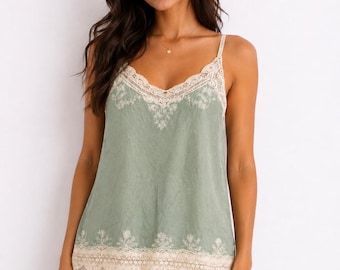 Italian 100% Cotton Sleeveless Lace Trim Cami Top | Lightweight Summer Beach and Holiday Camisole | Boho Tank | One Size UK 8-16