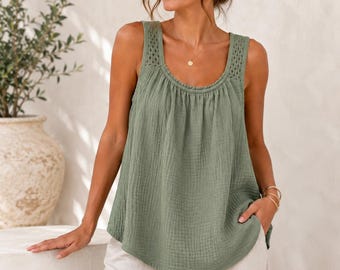100% Cotton Double Gauze Muslin Cami Top One Size UK 8-16 | Lightweight Crinkle Summer Tank | Soft Breathable Sleeveless Blouse for Women