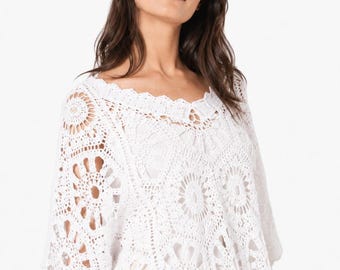 Boho Granny Square Crochet Top – 100% Cotton Lace Tunic Cover Up