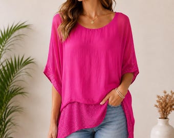 Italian Plain Silk  Twin Layer Tunic Top, Sequin Hem Blouse UK Size 8-16