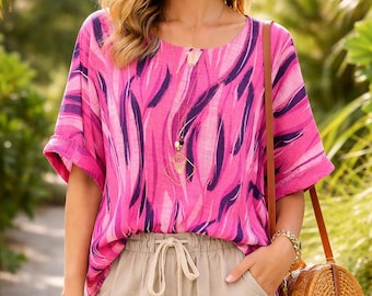 Italian Cotton Tunic Top: Abstract Print Loose Fit Summer Blouse