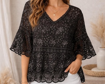 100% Cotton Floral Lace Blouse, Boho Ruffle Sleeve Summer Top