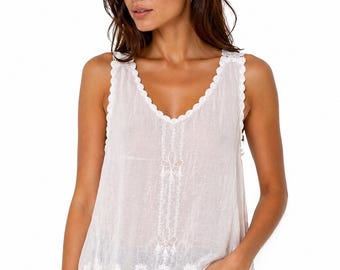 Women’s Boho Cotton Lace Cami Top – V Neck Crochet Hem Criss Cross Back Tank