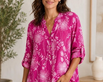 Italian 100% Cotton Floral Print Tunic Top for Women | Relaxed Fit Long Sleeve Blouse | Casual Summer Shirt | One Size UK 8-16
