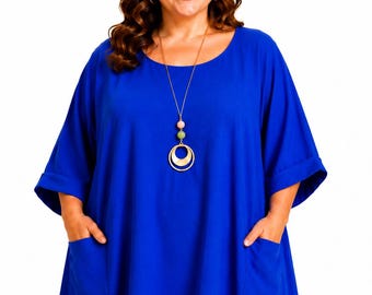 Plus Size 100% Cotton Tunic Top, Oversized Women’s Blouse, Locket Necklace Included, Loose Fit Pocket Top, UK 20-30