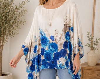 Italian Silk Blend Floral Batwing Top | Ladies Lagenlook Tunic Blouse | Round Neck Top