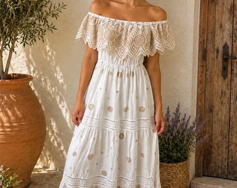 White Gold Embroidered Maxi Dress: Boho Cotton, Off-Shoulder Summer Style