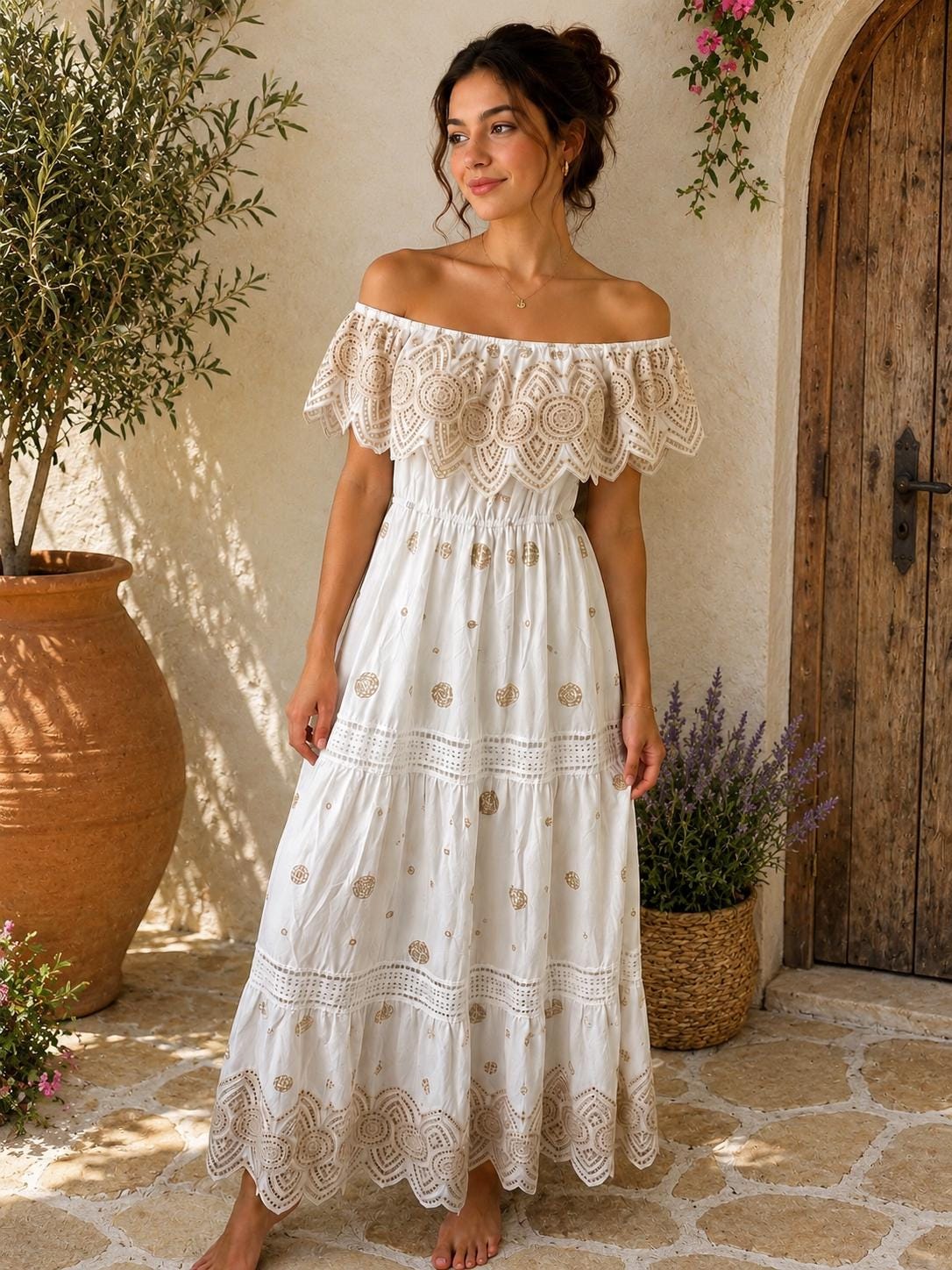 white and gold boho dress Boho Dress - French Long-Sleeved Chiffon main image 0
