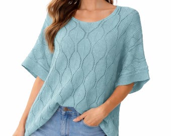 Italian Knit Top, Lightweight Summer Sweater, Leaf Lace Pattern